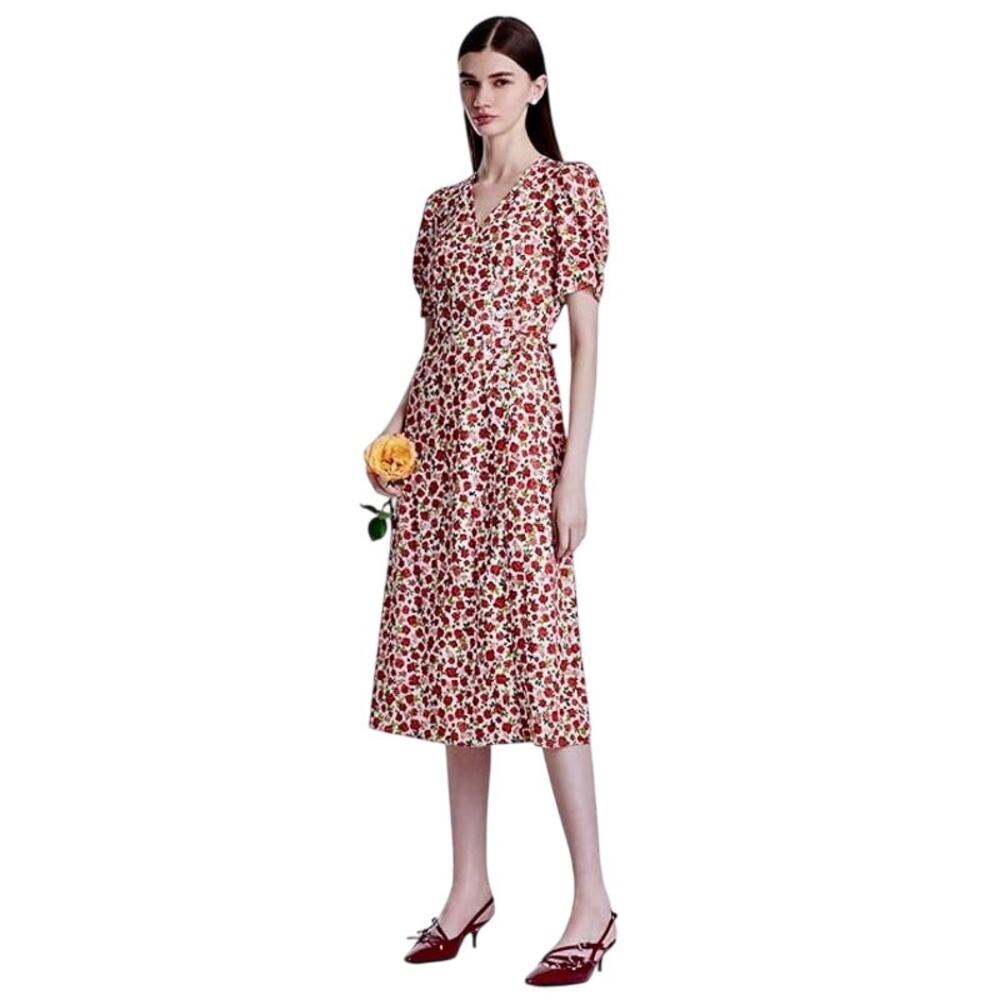 GOELIA Cottage Rose Floral Wrap Dress Midi Ruched Sleeve XS